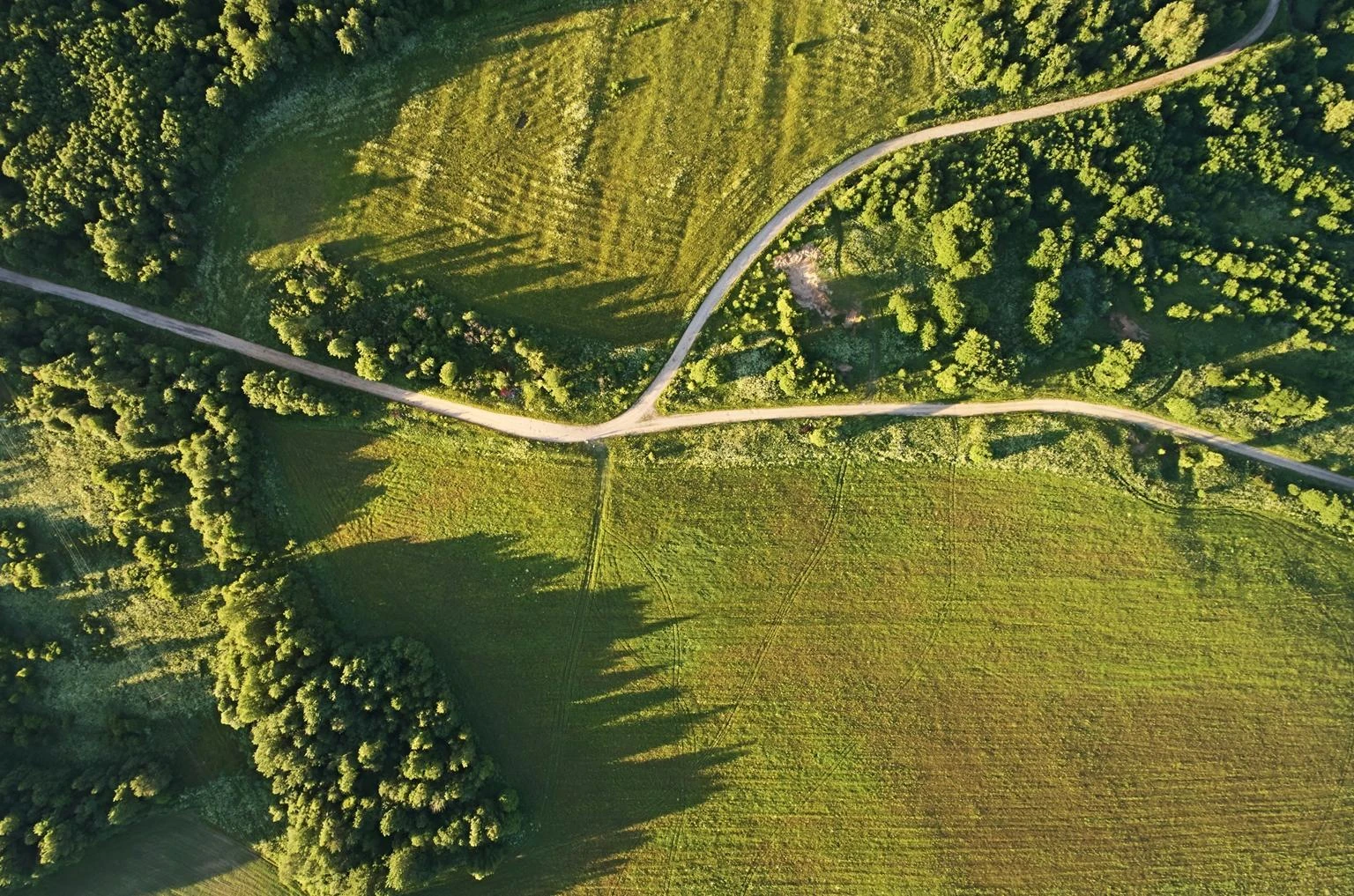 Aerial view of green agricultural land and winding roads