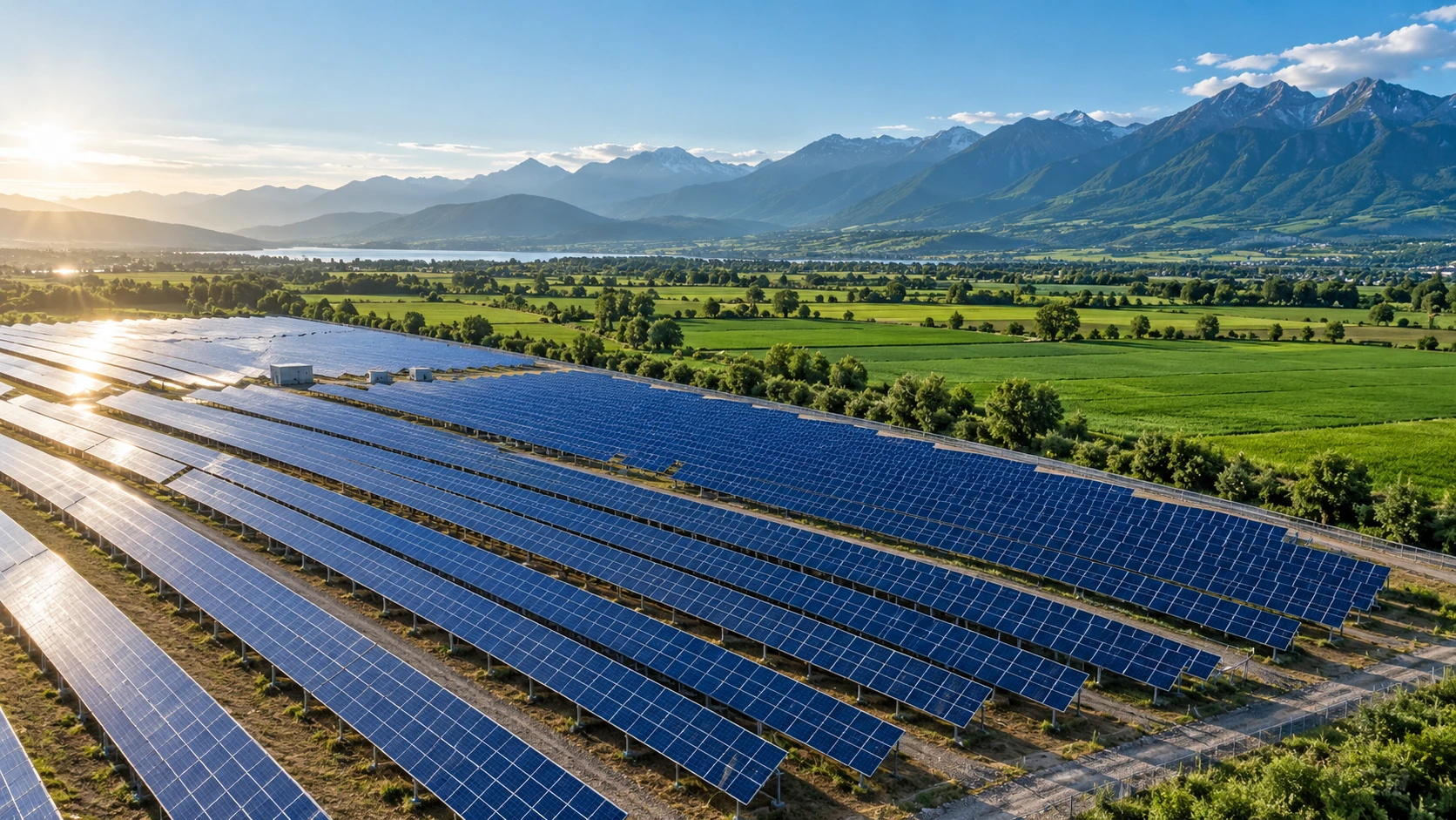Solar arrays in a broad mountain landscape