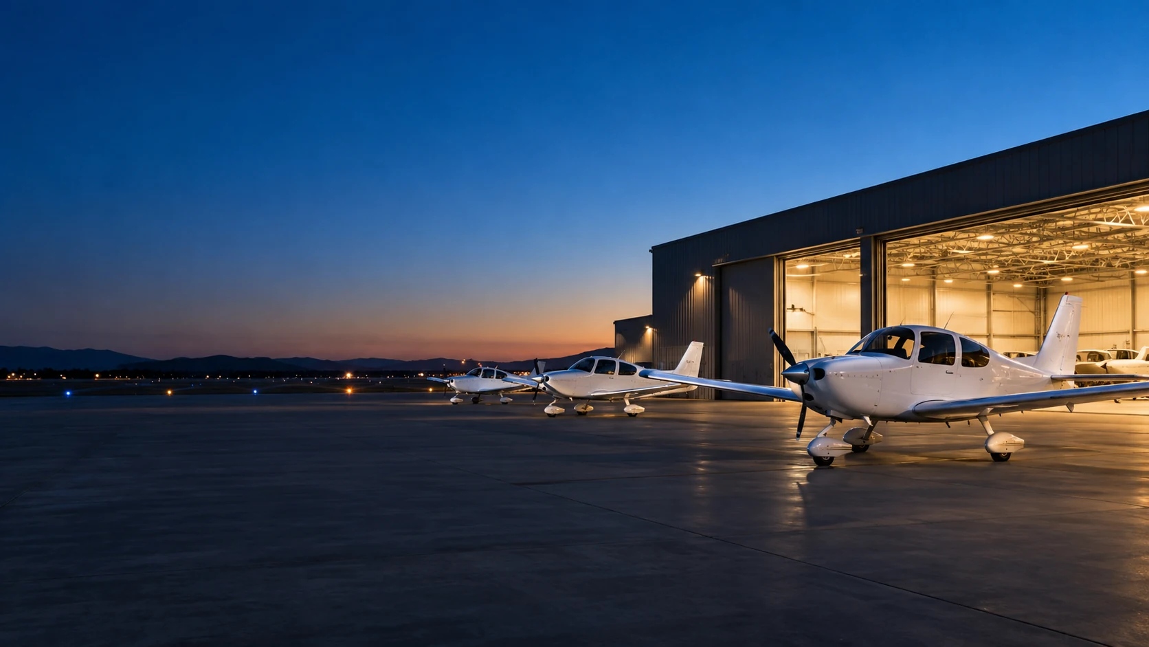 Aircraft outside a warmly lit hangar at blue hour