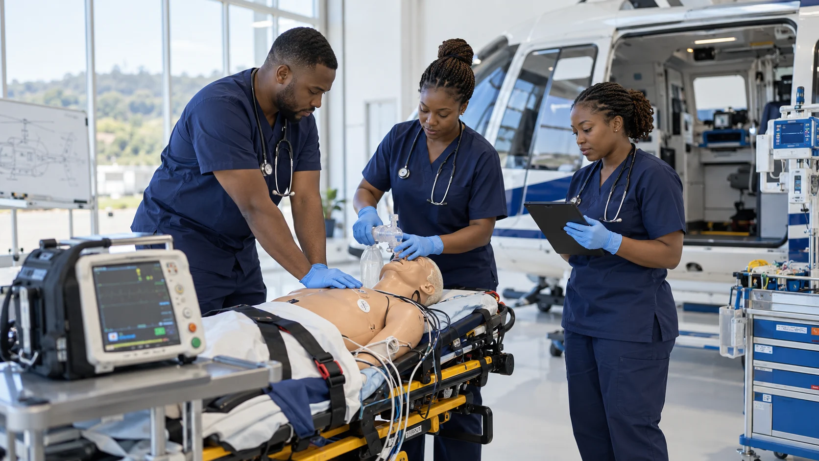Emergency medicine training with a helicopter in a simulation setting